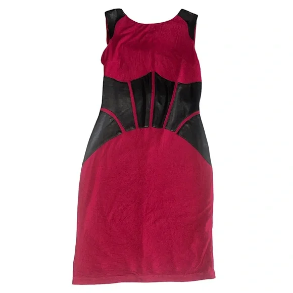 Venus Maroon Bodycon Faux Leather Corset Style Waist Stretch Crewneck  Sleeveless